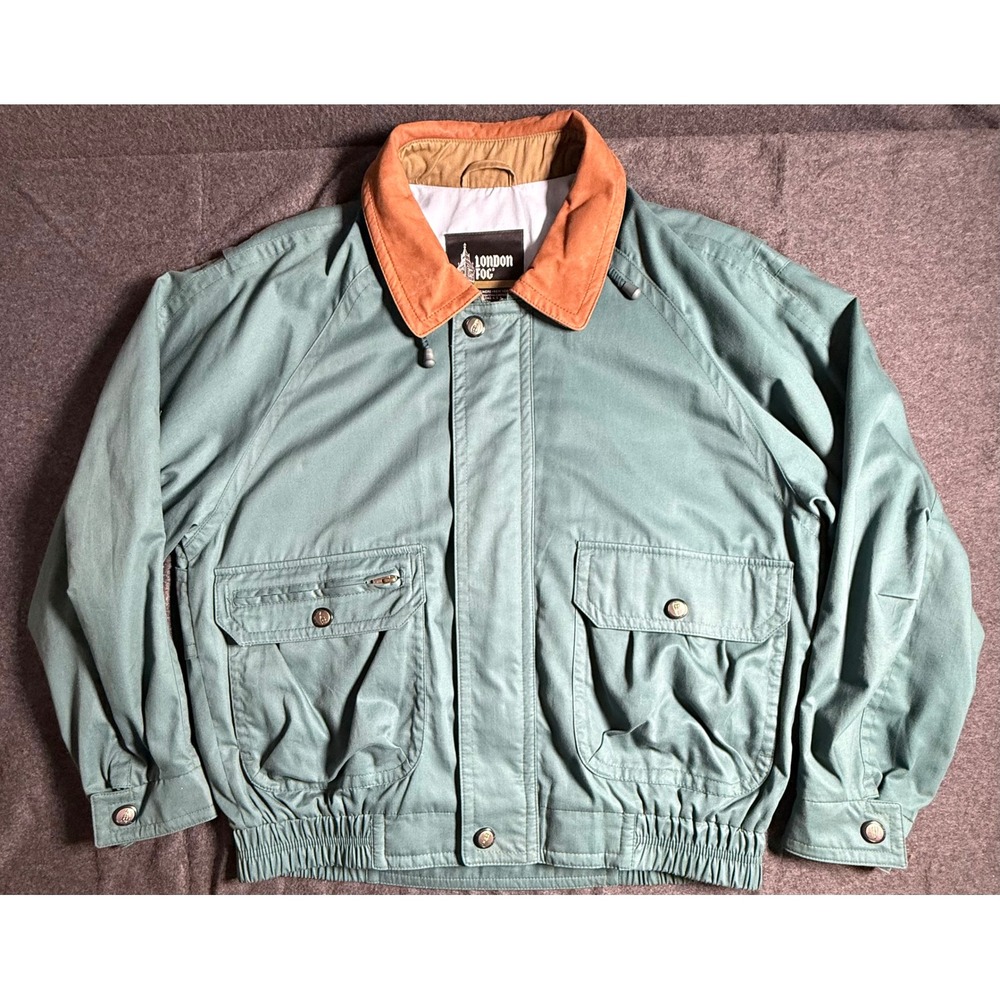 London Fog Vintage Teal Green Bomber Jacket Mens Medium Rust Collar Zip Up